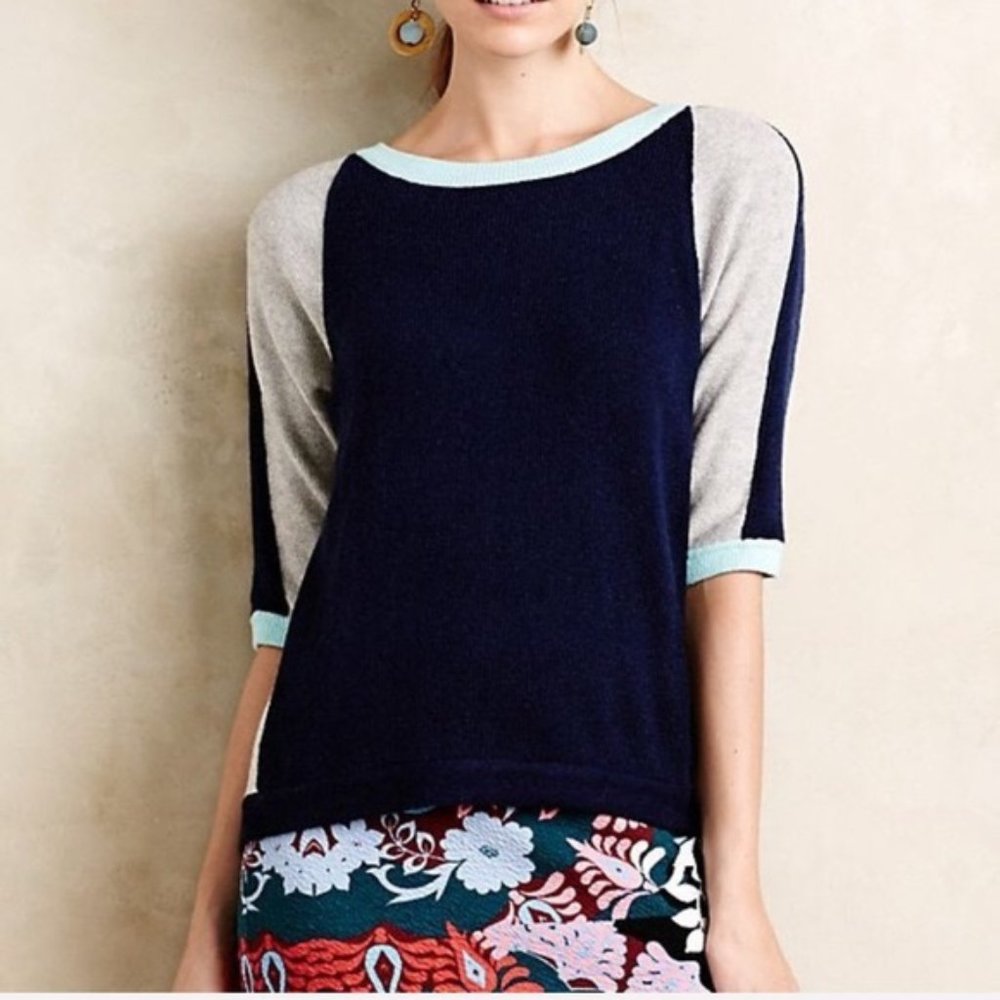 Anthropologie Field Flower Sweater Womens Medium Colorblock Blue Gray Tee